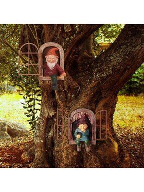 Garden Gnome Statues - 2 Piece Elf Tree Hugger Yard Art for Outdoor Decor